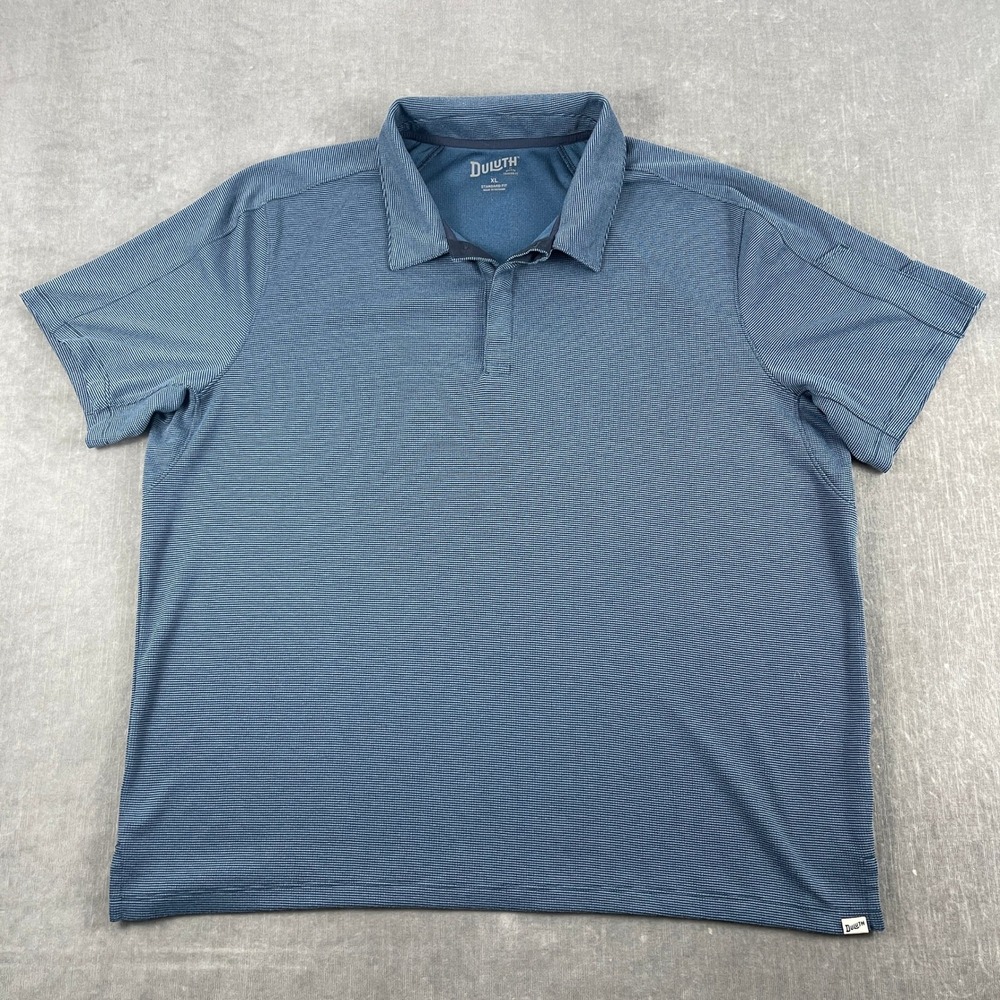 Duluth Trading Co Mens XL Blue Polo Shirt Short Sleeve Micro Stripe Performance